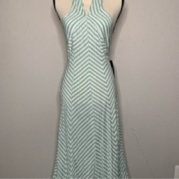 NWT New York & Company Sea Green & White Striped Halter Long Maxi Dress - Picture 6 of 14